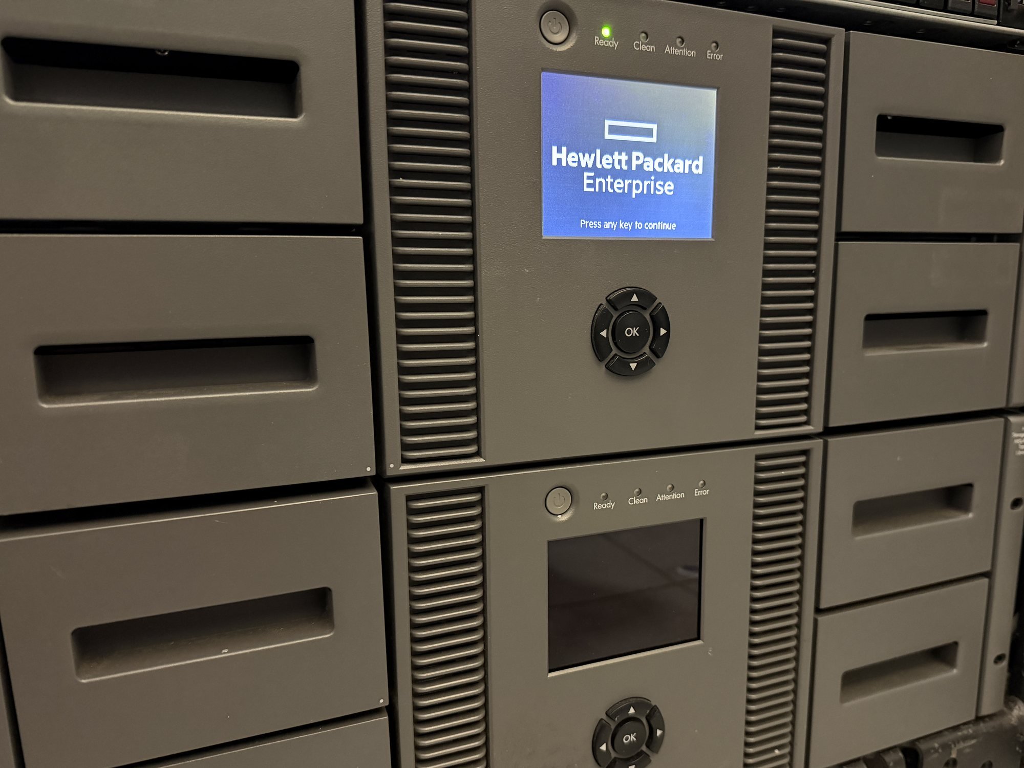 Two of our HPE tape libraries: the top one active, the one below powered off